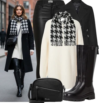 Kovbojka Outfit s Černá Kozačka Ovčí Kožešinová Bota/Bota na Platformě/Jezdecká Bota/Dlouhá Kozačka/Klasická Kozačka/Kozačka po Kolena/Bota se širokým nohavici/Kozačka se zipem Tamaris "Módní zimní outfit"Look: Kovbojka, Egirl, Punk