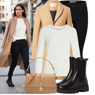 Outfit s Béžová/Bílá/Hnědá Bagetová taška/Dopisová peněženka/Malá Taška/Brašna/Sportovní Taška Přes Rameno Tommy Hilfiger "Módní zimní outfit"