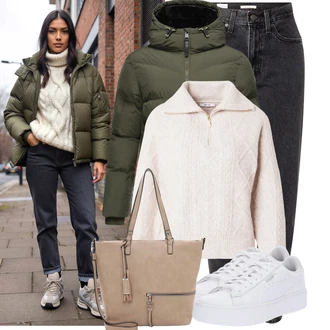 Outfit s Bílá Úzká teniska/Teniska na platformě/Teniska s dírkovaným vzorem/Nízká Teniska Puma "Módní zimní outfit"