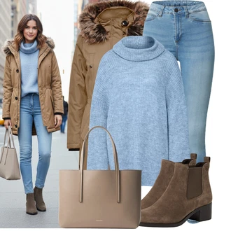 90tá léta Outfit s Světle modrá/Modrá Džínové Legíny/Jeggings Noisy may "Módní zimní outfit"Look: 90tá léta, Cool, Disko, Moderní, Old Money, Bezešvé, Skromné