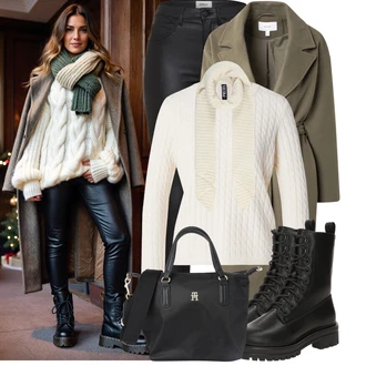 Outfity na zimu 80tá léta s Béžová/Bílá/Khaki/Krémová Šál/Kruhový Šál About You "Módní zimní outfit"Look: Klasické, Nadrozměrné, Traditional, Retro, 80tá léta