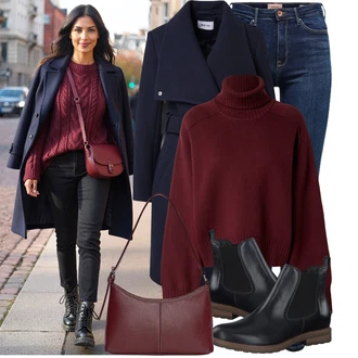 Jízda na koni Outfit s Tmavě modrá/Modrá Kožená bunda/Zimní bunda/Kožená Pánská Bund/High Waist Džínové Kalhoty/Kožené Boty/Džíny s Rozparkem/Push up Džín/Termální Džíny Only "Módní zimní outfit"Look: Jízda na koni, Na Procházku, Pracovní, Volný čas, Apres ski