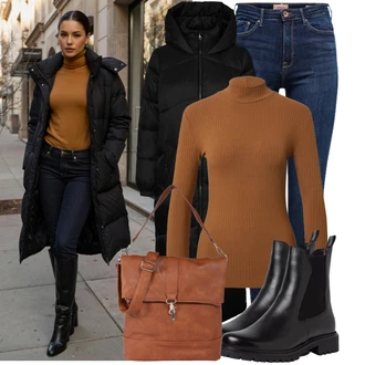 Jízda na koni Outfit s Tmavě modrá/Modrá Kožená bunda/Zimní bunda/Kožená Pánská Bund/High Waist Džínové Kalhoty/Kožené Boty/Džíny s Rozparkem/Push up Džín/Termální Džíny Only "Módní zimní outfit"Look: Jízda na koni, Na Procházku, Pracovní, Volný čas, Apres ski