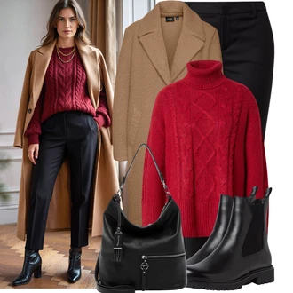 Outfity na cestování Old Money s Černá/Červená Nezařazené VERO MODA, Hnědá/Béžová Přechodový Kabát/Midi Kabát/Vintage Kabát/Vlněný Kabát/Oversize Kabát/Dlouhý kabát/Kašmírový Kabát/Lodenový kabát/Vlněný kabát/Pletený Kabát/Lehký Kabát VERO MODA "Módní zimní outfit"Look: Emo, Kancelář, Venkovní, Old Money, Business, Klasické, Mom, Příliš oblečený, Nadrozměrné, Chytrý příležitostný, Univerzitní