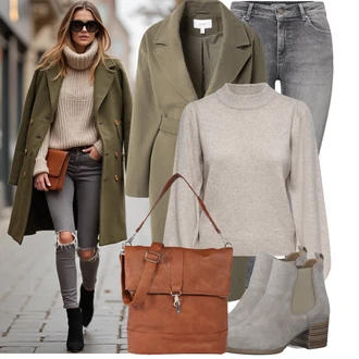 Outfit s Šedá/Béžová/Hnědá Basic Svetr/Svetr Carmen/Kašmírový Svetr/Svetr z Jemné Pleteniny/Jednoduchý Svetr/Rolák/Vlněný Svetr/Svetr s límečkem JdY "Módní zimní outfit"