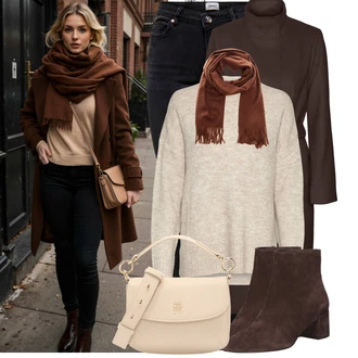 Klasické Koncert Outfit s Šedá/Hnědá/Tmavě zelená/Tmavě hnědá Přechodový Kabát/Lodenový kabát/Kašmírový Kabát/Vlněný Kabát/Trenčkot/Dlouhý kabát/Midi Kabát/Vlněný kabát/Dlouhý Kabát VERO MODA "Módní zimní outfit"Look: Klasické, Cool, Moderní, Old Money, Příliš oblečený, Univerzitní, Bar, Koncert, Firemní večírek, Den matek, Škola, Zvláštní příležitosti