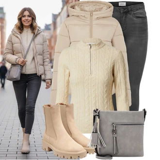 Outfit s Béžová/Khaki/Hnědá Chelsea Boty/Kožená bunda/Letní kotníková kozačka Only "Módní zimní outfit"