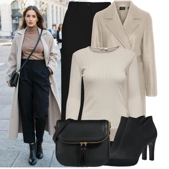 Klasické Koncert Outfit s Hnědá/Béžová/Khaki/Šedá VERO MODA, Černá/Hnědá Taška/Klasická Taška Přes Rameno/Brašna/Sportovní Taška Přes Rameno About You "Módní zimní outfit"Look: Klasické, Příliš oblečený, Pro Dům, Univerzitní, Elegantní, Old Money, Den matek, Zvláštní příležitosti, Koncert, Nový Rok, Rad, Šik, Cool, Kancelář, Vintage, Bar, Karneval, Škola