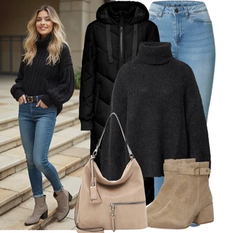 Stojáček Outfit s Černá/Šedá/Tmavě šedá Mohair Pullover/Rolák/Zimní Svetr/Vlněný Svetr Edited "Módní zimní outfit"