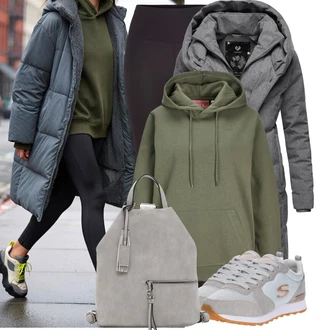 Horolezectví Outfit s Šedá/Tmavě šedá Prošívaný kabát/Kabát s Kapucí/Dlouhý Péřový Kabát/Kabát se Zipem/Parka/Zimní Kabát/Péřový Kabát/Dlouhý Zimní Kabát Ragwear "Módní zimní outfit"Look: Na Procházku, Horolezectví, Apres ski