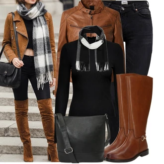 Jízda na koni Outfit s Černá Kožená bunda/High Waist Džínové Kalhoty/Džíny s Rozparkem/Push up Džín/Zimní bunda/Kožené Boty/Termální Džíny/Motorkářské Džíny Only "Módní zimní outfit"Look: Jízda na koni, Na Procházku, Volný čas, Apres ski