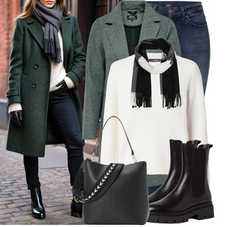 Outfity na zimu 80tá léta s Černá/Bílá/Tmavě šedá Šál About You "Módní zimní outfit"Look: Blokování barev, Šik, Cool, Francouzské, Italský, Moderní, Krásný, Traditional, Retro, 80tá léta