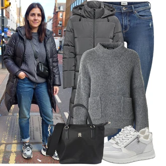 Outfit s Stříbrný/Šedá/Světle šedá/Bílá/Krémová Úzká teniska/Nízká Teniska/Kožené tenisky/Letní tenisky/Tenisky s Bočním Zipem Tamaris "Módní zimní outfit"