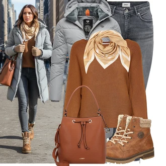 Outfit s Béžová/Hnědá/Oranžová/Žlutá/Bílá Šátek/Šátek na hlavu/Bandana/Šál Tommy Hilfiger "Nápadný look na zimu"