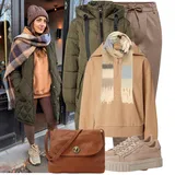 Béžové outfity s koženými kalhotami image