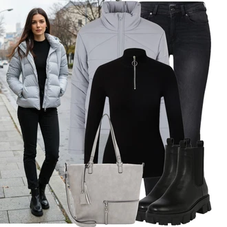 Dlouhé Outfit s Černá/Šedá/Tmavě šedá Kožená bunda/Termální Džíny/Slim Fit Džíny/Zimní bunda/Push up Džín/Motorkářské Džíny/Kožené Boty/High Waist Džínové Kalhoty/Džíny s Rozparkem Only "Nápadný look na zimu"