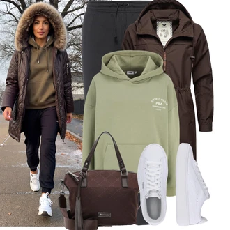 Horolezectví Outfit s Hnědá/Šedá/Tmavě hnědá/Khaki/Tmavě zelená Pláštěnka & Funkční Kabát/Outdoorový kabát/Parka/Kabát se Zipem/Softshellový Kabát/Gore-Tex kabát/Lodenový kabát/Pláštěnka Ragwear "Nápadný look na zimu"Look: Turistika, Horolezectví