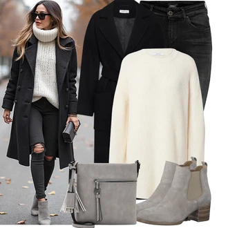 Jízda na koni Outfit s Černá/Tmavě šedá/Šedá/Světle šedá/Khaki Kožená bunda/High Waist Džínové Kalhoty/Motorkářské Džíny/Termální Džíny/Push up Džín/Kožené Boty/Zimní bunda/Džíny s Rozparkem Only "Nápadný look na zimu"Look: Jízda na koni, Volný čas, Na Procházku, Apres ski