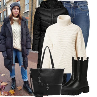 Unisex Outfit s Černá Chelsea Boty/Bota na Platformě/Gumová Kotníková Bota/Kožená bunda About You "Nápadný look na zimu"Look: Venkovní, Punk, Techno, Unisex