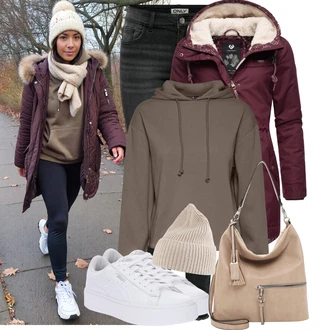 Outfity na zimu 80tá léta s Béžová/Hnědá/Khaki Čepice/Zimní čepice/Pokrývka hlavy/Kšiltovka About You "Nápadný look na zimu"Look: Pro Dům, Nadrozměrné, Unisex, Retro, 80tá léta