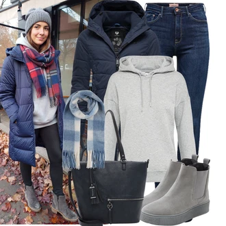 Outfity na zimu 80tá léta s Světle modrá/Modrá/Šedá Šál guido maria kretschmer women "Nápadný look na zimu"Look: Emo, Námořní, Skotská, Traditional, Retro, 80tá léta