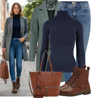 Outfit s Tmavě modrá/Modrá Sveter Svetr s límečkem/Rolák/Termo Svetr/Svetr z Jemné Pleteniny About You "Nápadný look na zimu" Outfit s Tmavě modrá/Modrá Sveter Svetr s límečkem/Rolák/Termo Svetr/Svetr z Jemné Pleteniny About You "Nápadný look na zimu"