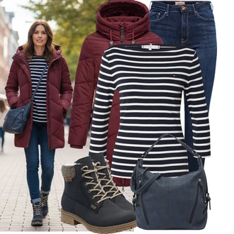 Horolezectví Outfit s Vínová/Červená/Tmavě červená/Fialová Prošívaný kabát/Kabát s Kapucí/Kabát se Zipem/Parka/Přechodový Kabát/Dlouhý Péřový Kabát/Zimní Kabát/Péřový Kabát/Dlouhý Zimní Kabát Ragwear "Nápadný look na zimu"Look: Horolezectví, Apres ski