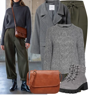 Bar Outfit s Tmavě zelená/Zelená/Khaki Ležérní Kalhoty/Dlouhá Kalhoty/Navlékací Kalhoty/Tréninková Kalhoty/Teplák/Sportovní kalhoty/Úzká Kalhoty/Žerzejová Kalhoty/Jogger Kalhoty Only, Šedá/Světle šedá Šněrovací Kotníková Bota/Kotníková Bota/Bojová Bota/Motorkářská bota About You, Hnědá/Béžová Bagetová taška/Taška/Klasická Taška Přes Rameno/Taška Na Notebook/Kancelářská Taška/Brašna/Sportovní Taška Přes Rameno About You "Nápadný look na zimu"Look: Bar, Koncert, Chatky, Festival, Škola, 40. narozeniny, 18. narozeniny, Coachella