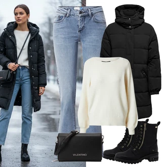 Outfit s Krémová/Béžová/Bílá/Khaki/Oranžová Sveter Svetr z Jemné Pleteniny/Basic Svetr/Kašmírový Svetr/Kašmírový Svetr/Mohair Pullover/Plyšový svetr/Svetr s Kulatým Výstřihem/Jednoduchý Svetr/Vlněný Svetr VERO MODA "Zimní outfity"