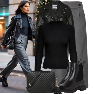 Outfity na zimu 80tá léta s Černá Krátký Bund/Bunda z Umělé Kůže/Kožená vintage bunda/Kožené Bund/Motorkářská bunda/Motorkářské Bund Noisy may "Perfektní na zimu"Look: Metal, Rock 'n' Roll, Moderní, Univerzitní, 80tá léta