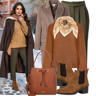 Outfit s Béžová/Hnědá/Oranžová/Žlutá/Bílá Šátek/Šátek na hlavu/Bandana/Šál Tommy Hilfiger "Perfektní na zimu"