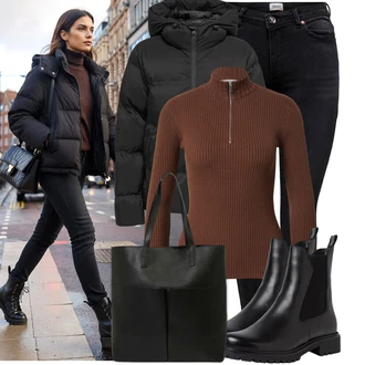 Outfit s Černá Džíny s Rozparkem/Push up Džín/Kožené Boty/Termální Džíny/Motorkářské Džíny/Kožená bunda/High Waist Džínové Kalhoty/Zimní bunda Only "Perfektní na zimu"