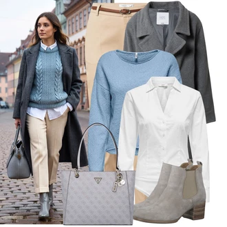 Outfity pro baculky Šik s Béžová/Khaki Úzká Kalhoty/Skinny Kalhoty/Obleková Kalhoty/Business Kalhoty/Kalhoty s Vysokým Pasem/Kalhoty se Štěrbinou/Ležérní Kalhoty/Twillová Kalhoty B.young "Perfektní na zimu"Look: Šik, Elegantní, Kancelář, Old Money, Venkovní, Chytrý příležitostný