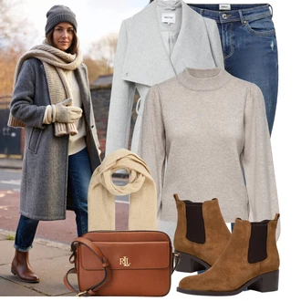 Outfity na zimu 80tá léta s Hnědá/Béžová/Khaki/Bílá Šál/Kruhový Šál About You "Perfektní na zimu"Look: Klasické, Pro Dům, Old Money, Nadrozměrné, Traditional, Univerzitní, Retro, 80tá léta