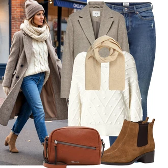 Outfity na zimu 80tá léta s Hnědá/Béžová/Khaki/Bílá Šál/Kruhový Šál About You "Perfektní na zimu"Look: Klasické, Pro Dům, Old Money, Nadrozměrné, Traditional, Univerzitní, Retro, 80tá léta
