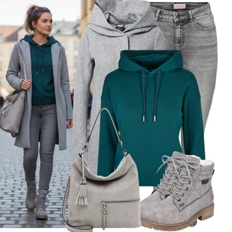 Outfit s Zelená/Tyrkysový Svetr S Kapucí/Pletená mikina s kapucí/Originální mikina/Sportovní mikina/Sportovní mikina/Vintage mikina About You "Pohodlné zimní outfity"