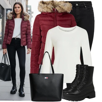 Outfit s Černá Push up Džín/Kožené Boty/Džíny s Rozparkem/Termální Džíny/Motorkářské Džíny/Kožená bunda/High Waist Džínové Kalhoty Only "Pohodlné zimní outfity"