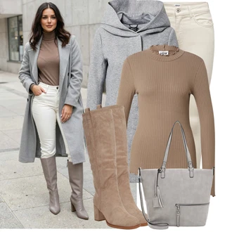 Výstřih na zádech Outfit s Hnědá/Šedá/Béžová/Khaki Pletený top/Pletené tričko JdY "Pohodlné zimní outfity"