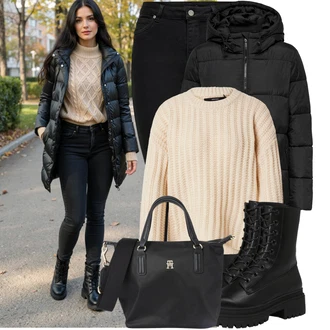 Džínovina Outfit s Černá Kožená bunda/Termální Džíny/Push up Džín/Kožené Boty/High Waist Džínové Kalhoty/Džíny s Rozparkem/Motorkářské Džíny Only "Pohodlné zimní outfity"