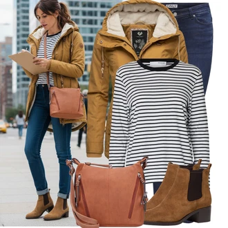 Kulatý výstřih Outfit s Bílá/Černá/Tmavě modrá Roláková Košile/Pruhované Tričko Selected "Pohodlné zimní outfity"