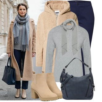 Klasické Koncert Outfit s Světle šedá/Šedá/Tmavě šedá Šál/Kruhový Šál About You "Pohodlné zimní outfity"Look: Klasické, Nadrozměrné, Skromné, Traditional, Univerzitní, Retro, 80tá léta, Bar, Koncert, Škola, Nový Rok