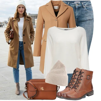 Outfity na zimu Škola s Hnědá/Červená/Zlatý Nezařazené Polo Ralph Lauren, Béžová/Hnědá/Khaki Čepice/Zimní čepice/Pokrývka hlavy/Kšiltovka About You "Pohodlné zimní outfity"Look: Bar, Malle, Koncert, Škola, Den matek, Karneval, Den na pláži, Pohřeb, Chatky, Nový Rok