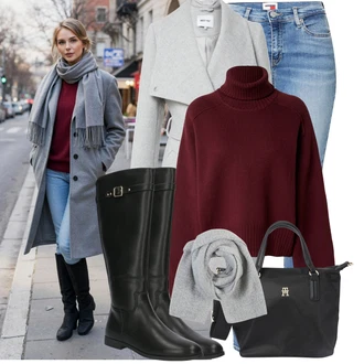 Dlouhé Outfit s Světle modrá/Modrá Kožená bunda/Kožená Pánská Bund/Navlékací džíny/Kotníková Bota/Kožené Boty/Džíny s Dírou/Džín s Nízkým Pasem/Džíny s Nízkým Sedem/Džíny s Rozparkem/Push up Džín Tommy Jeans "Pohodlné zimní outfity"