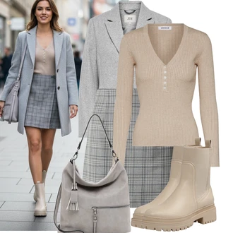 Outfit s Hnědá/Béžová/Khaki Chelsea Boty/Plochá Kotníková Bota/Kožená bunda/Gumová Kotníková Bota/Kotníková Bota s Podšívkou About You "Pohodlné zimní outfity"