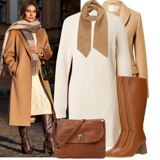 Outfity na zimu s Bílá/Krémová/Béžová/Khaki Zimní Pletené Šaty/Svetrové Šaty/Pletené Šaty About You "Pohodlné zimní outfity"