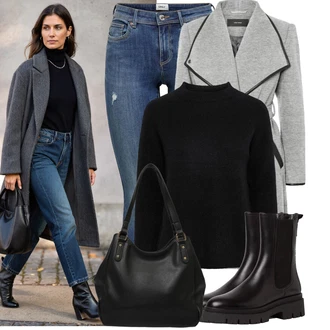 Outfit s Modrá/Tmavě modrá/Světle modrá Kožená bunda/Navlékací džíny/Kožené bundy/Džíny s Nízkým Sedem/Džín s Nízkým Pasem/Džíny s Dírou/Džíny s Rozparkem/Push up Džín/Kožené Boty/Kotníková Bota Only "Pohodlné zimní outfity"