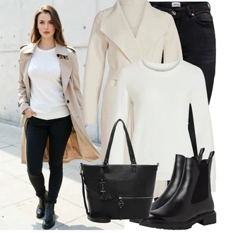 Jízda na koni Outfit s Černá Kožená bunda/High Waist Džínové Kalhoty/Džíny s Rozparkem/Push up Džín/Zimní bunda/Kožené Boty/Termální Džíny/Motorkářské Džíny Only "Pohodlné zimní outfity"Look: Jízda na koni, Na Procházku, Volný čas, Apres ski