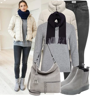 Klasické Koncert Outfit s Světle šedá/Šedá/Tmavě šedá Basic Svetr/Kašmírový Svetr/Svetr z Jemné Pleteniny/Kašmírový Svetr/Svetr na kojení/Jednoduchý Svetr/Svetr s V-výstřihem/Vlněný Svetr Vila "Pohodlné zimní outfity"Look: Klasické, Elegantní, Kancelář, Old Money, Romantický, Bezešvé, Koncert, Biřmování, Chatky, Škola