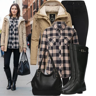 Katoen Bavlna Outfit s Béžová/Hnědá Flanelová Halenka/Károvaná Halenka About You "Stylový zimní outfity"