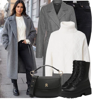 Outfit s Bílá/Fialová/Černá/Béžová Bagetová taška/Klasická Taška Přes Rameno/Dopisová peněženka/Malá Taška/Brašna/Sportovní Taška Přes Rameno Tommy Hilfiger "Stylový zimní outfity"